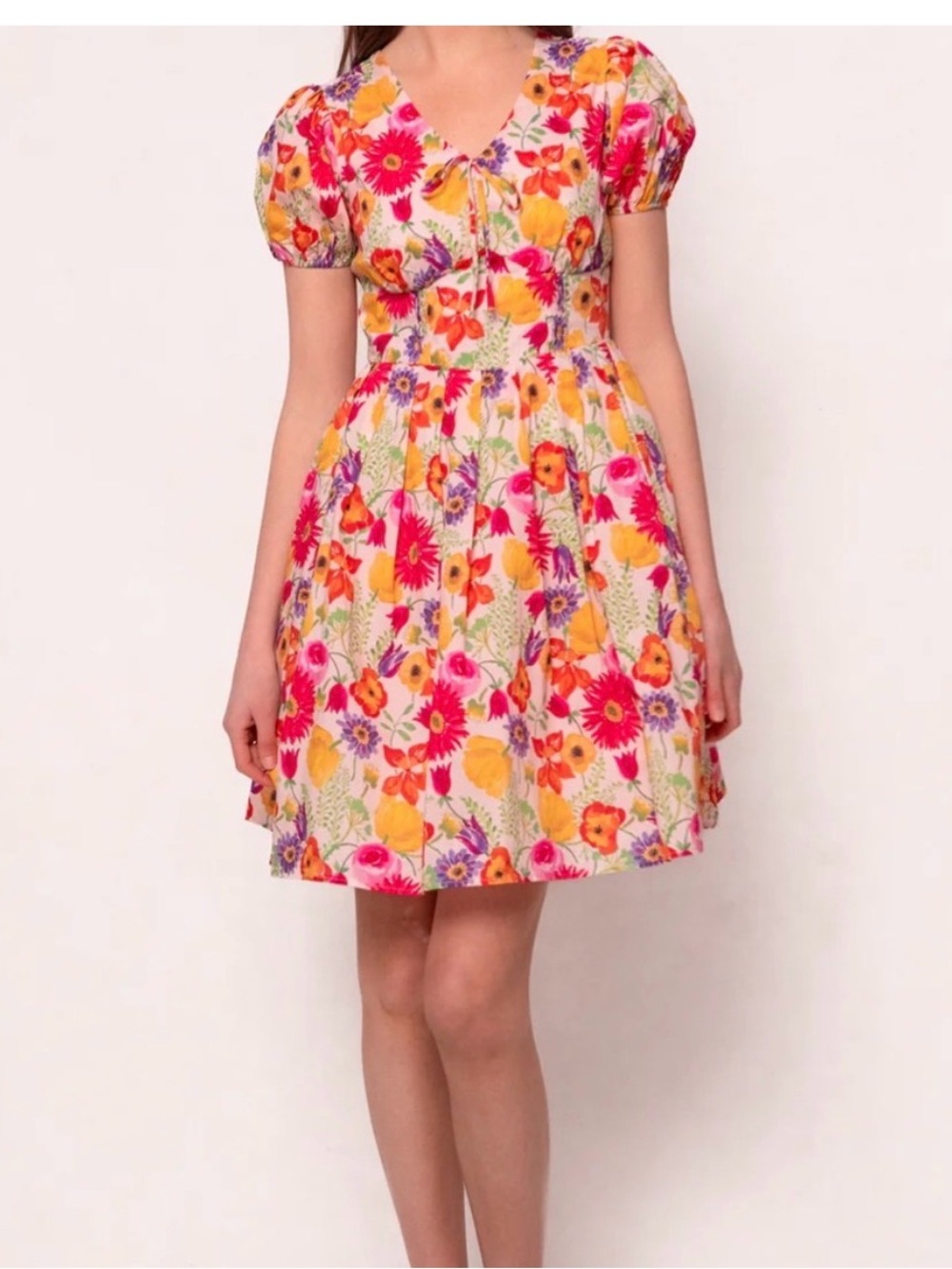 Ivy City Co Pink Yellow Floral Puff-Sleeve Mini Dress NWT